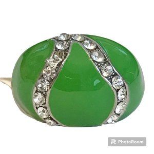 Vintage Green Enamel Cocktail Ring Silver Plated Crystal Rhinestone Size 8 Boho